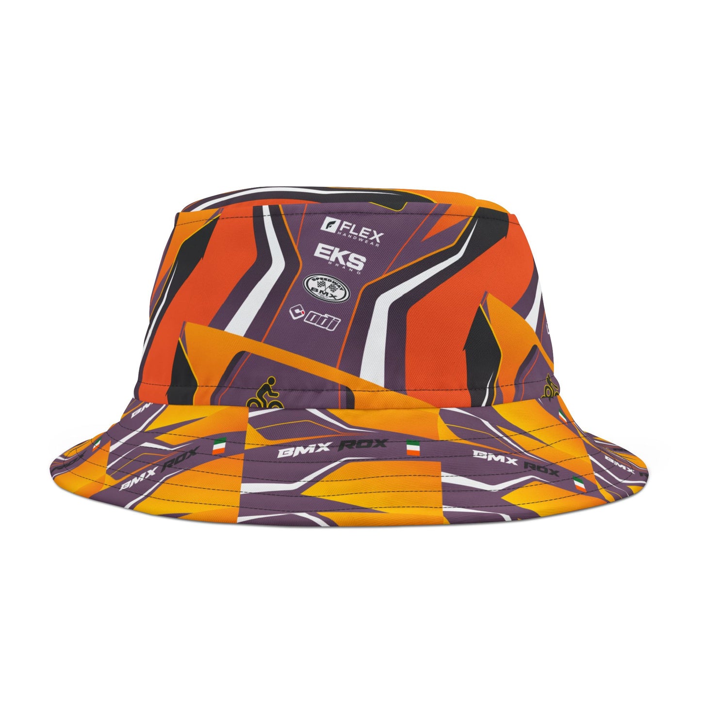Bold Geometric Racing Bucket Hat — Orange & Purple All-Over Print