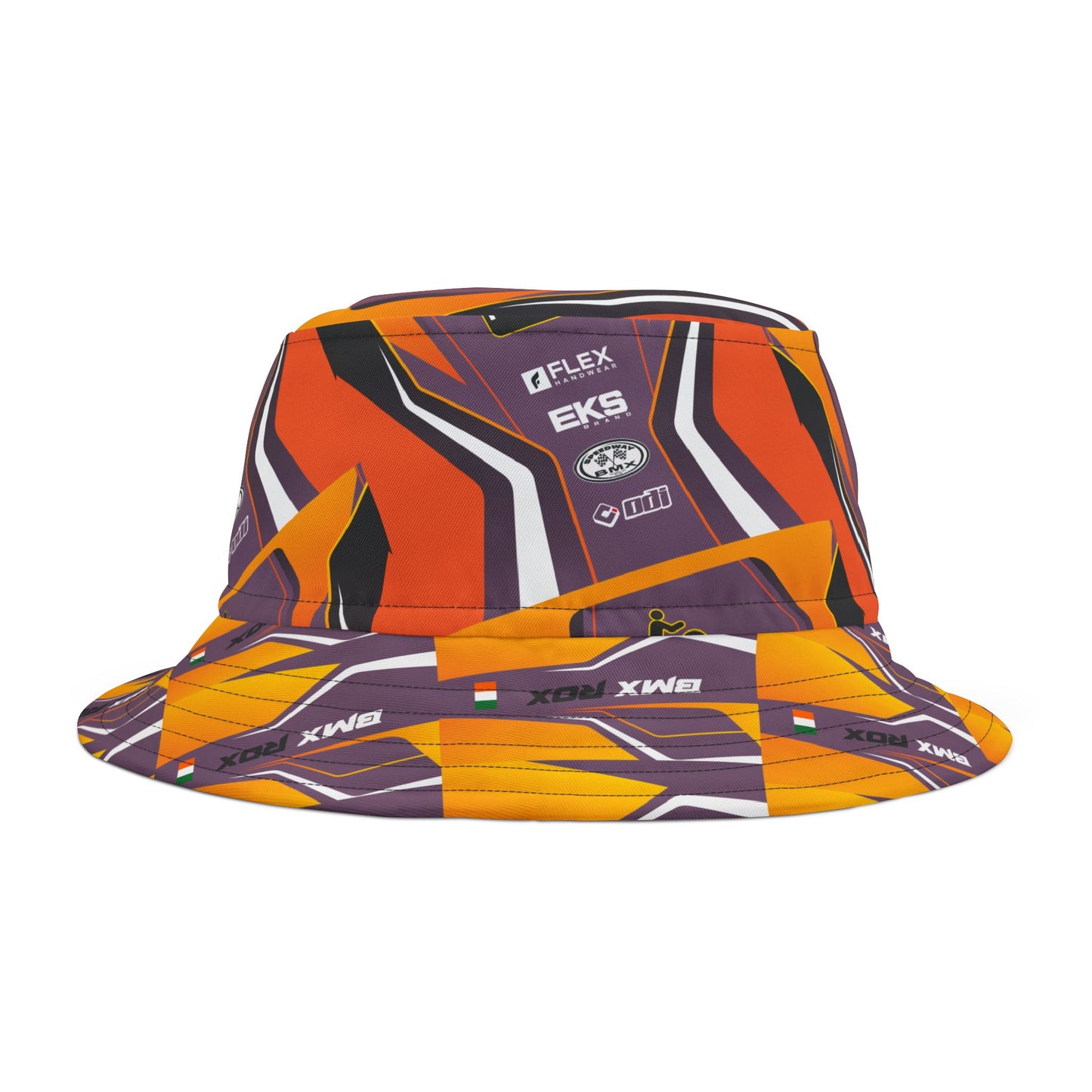Bold Geometric Racing Bucket Hat — Orange & Purple All-Over Print