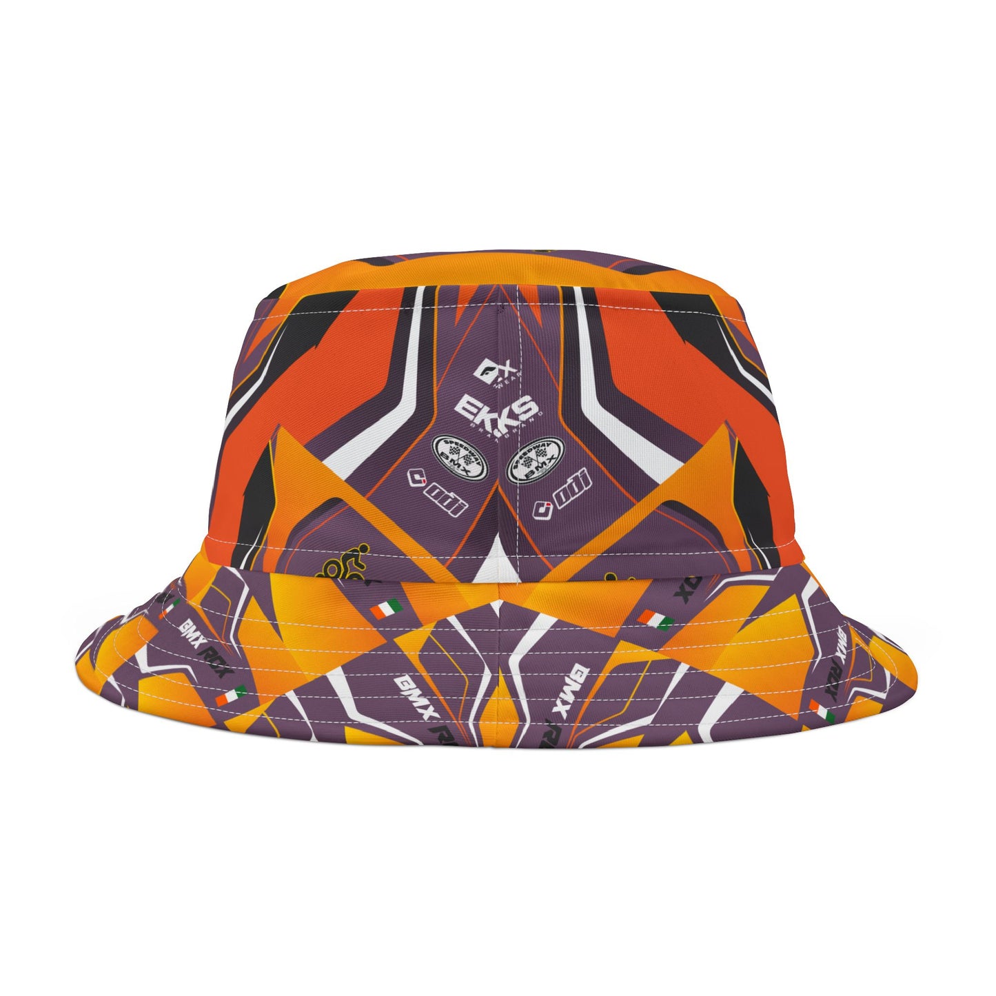 Bold Geometric Racing Bucket Hat — Orange & Purple All-Over Print
