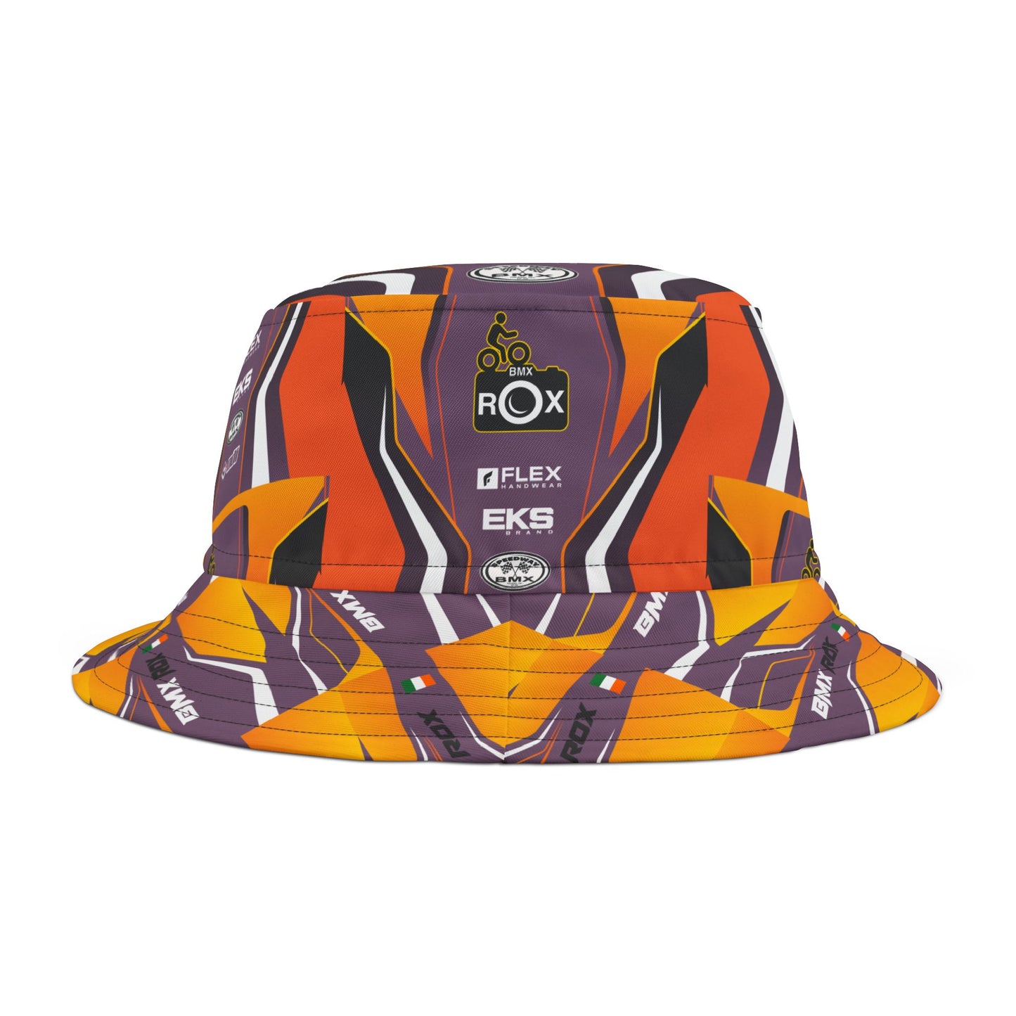 Bold Geometric Racing Bucket Hat — Orange & Purple All-Over Print
